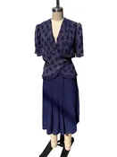 1940s Navy Rayon Circles Print Peplum Sash Belt Dress