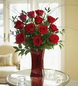 12 PREMIUM RED ROSES IN RED VASE