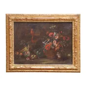 18th Century Flemish School Still Life Painting with Flowers and Parrot