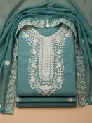 Aqua Blue Embroidery Chanderi Unstitched Dress Material
