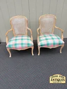 67549 Pair of French Provincial Caned Armchairs with Plaid Upholstery