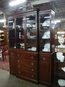 1940's Drexel Travis Court Mahogany Breakfront Two Piece Large China Hutch Display Cabinet