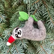Felted Ornament - Sloth w/ Santa Hat