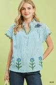 Embroidered Stripe Button Front Top