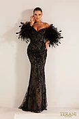 241E2479 Long Sleeves Off-Shoulder Black Nude Bodycon Evening Dress