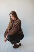 Cable-Knit Ribbed Turtleneck Sweater- Brown
