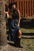 Elan Ribbed Mock Neck Denim Maxi Dress