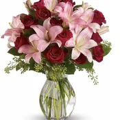Luxurious Lilies with Red Long Stem Roses
