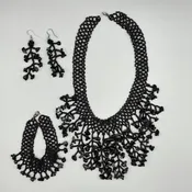Black Beaded Necklace, Bracelet and Earring Set