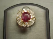 18KT Gold 4.05TCW GIA Certified Ruby Solitaire &amp; Round + Baguette Diamond Cocktail / Dinner Ring C1980