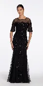 Beaded Illusion Short Sleeve Trumpet Dress with Godets