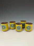 Blue Sunflowers on Yellow, Red Clay, Glazed Clear — Suzanne Crane Fine Stoneware