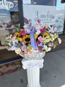 Sunlit Serenity Floral Basket - Stunning Flower Arrangement — Vanelys Flowers and Gifts