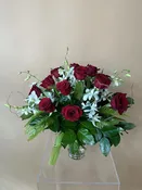Deluxe One Dozen Red Roses with White Dendrobium Orchids — Bella Bloom Maui