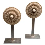 Two Vintage Indian Carved Marble Lotus Flowers on Custom Metal Stands — Wolf Hall Antiques