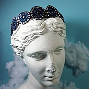 Black Studded Headband with blue rhinestones, 20's headband, Art Deco headband — OMEFOREVER women’s fashion accessories