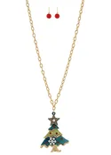 Christmas Tree Necklace and Earring Set – Festive Holiday Jewelry with Gold Chain