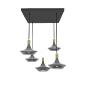 18" Square Metal Chandelier: 5 Pendant Black and Brass with Oversized Smoke UFO Bulb