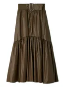Belted Leather-like Gathered Flare Skirt