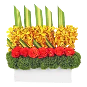 AF 150-14 Yellow Orchid & Red Rose Modern Rectangular Vase Floral Arrangement
