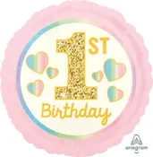 1st Birthday Girl Pink Hearts 18" Foil Balloon