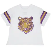 Azarhia Sequin Glitter Tiger Head Stripe Sleeve Girls / Kid's Boxy T-Shirt - White