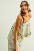 Floral Embroidery Striped Top