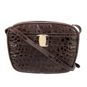 *Salvatore Ferragamo Vara Embossed Leather Crocodile Gold Logo Crossbody Bag