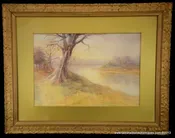 Bowen Watercolor Framed Autumn Day Tree by River Yellow Grass Signed 13 x 19