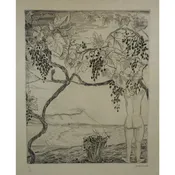 c 1920 Joseph Hecht "Vendange" (Grape Harvest) Engraving Antique Original Print