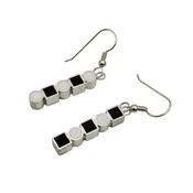 Alternating Circle and Square, Black and White Resin set in Silver Dangle Earrings