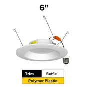 Residential 6" LED Retrofit Downlight - Baffle Trim - 900 Lumens - CCT Selectable - 2700k-5000k - 120V TRIAC DIM