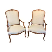 Antique French Pair Louis XV Armchairs or Fauteuils with Fine Carving and New Upholstery