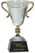 "10"" Crystal Cup with Gold Handles and Stem on Black Marble Base"