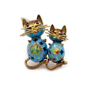 18 Kt Yellow Gold Ruby and Enamel Twin Cat Brooch
