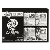 CAFE Ole by H-E-B Coffee Variety Pack (Texas Pecan, Snickernut Cookie, Taste of San Antonio, Houston Blend) Single Serve Pods, 100-Count