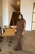 Alaina Brown Mesh Ruched Maxi Dress