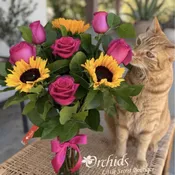 Fuchsia Rose & Sunflower Bouquet | Cat Lovers Collection | Same-Day Orange County Delivery