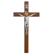 10" Beveled Cherry Wood Crucifix. Silver Corpus.