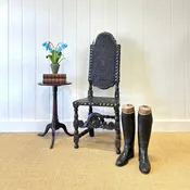 17th Century Iberian or English Walnut Side Chair, Richly Tooled and Studded Leather Seat & Back