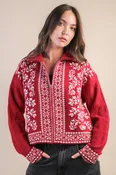 Graphic Knit Sweater Zip Up Cardigan