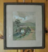 1907 Watercolor Painting M Richards Mother &amp; Child by River Bridge 7 7/8 x 9 3/4