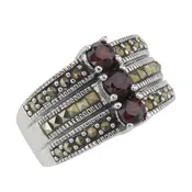 3 Stone Genuine Red Garnet and Marcasite Ring - Sterling Silver