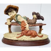 Giuseppe Armani Boy & Dog Figurine on Wood Base 9.5" Vintage Italy