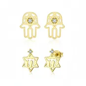 14K Gold Tiny Judaic Hamsa Hebrew Chai Star Of David Stud Earrings Set