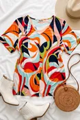 Abstract Swirl Print V-Neck Short Sleeve Top