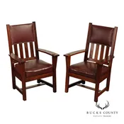 Antique Arts and Crafts Pair of Mission Oak Armchairs