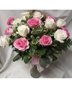 2 DOZEN ROSES ARRANGED ALL THE WAY AROUND...