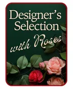 DESIGNER'S CHOICE WITH ROSES IN GLASS VASE