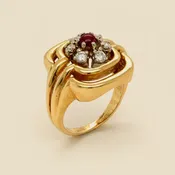 14K Gold Diamond & Cabochon Ruby Flower Cocktail Ring